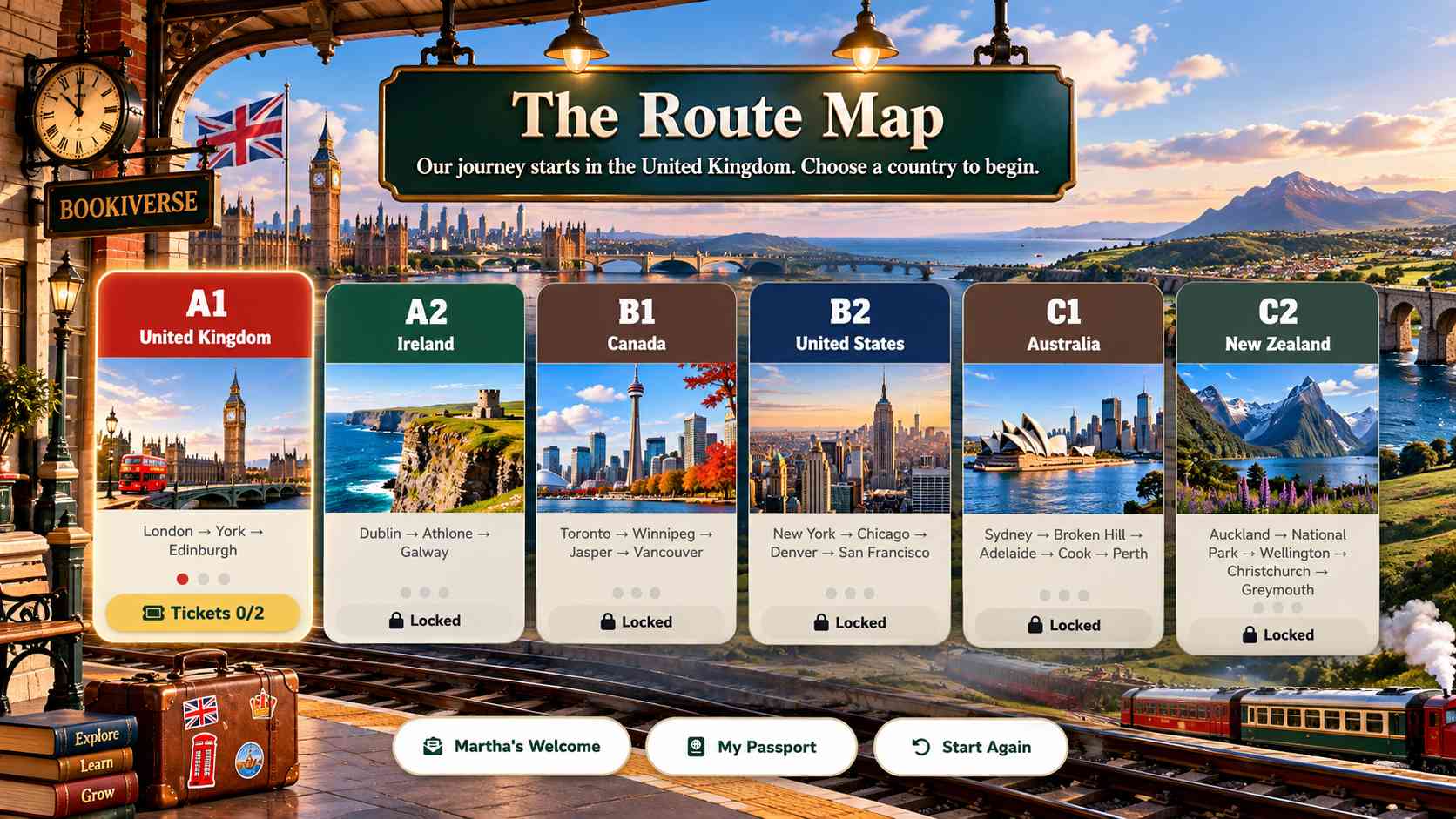 The English Express route map, with a country card for each of the six levels