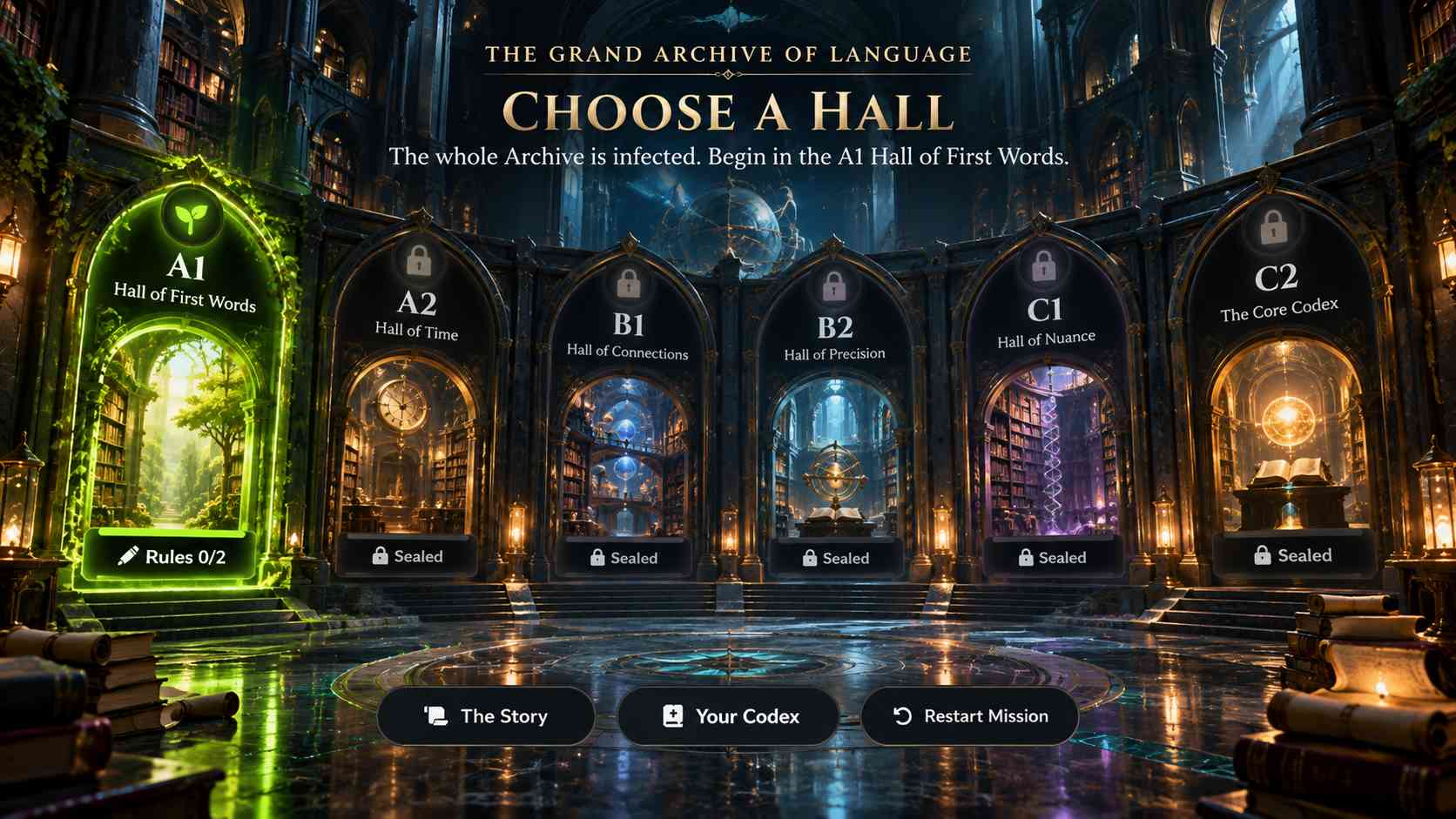 The Grand Archive of Language, showing the six halls from A1 to C2