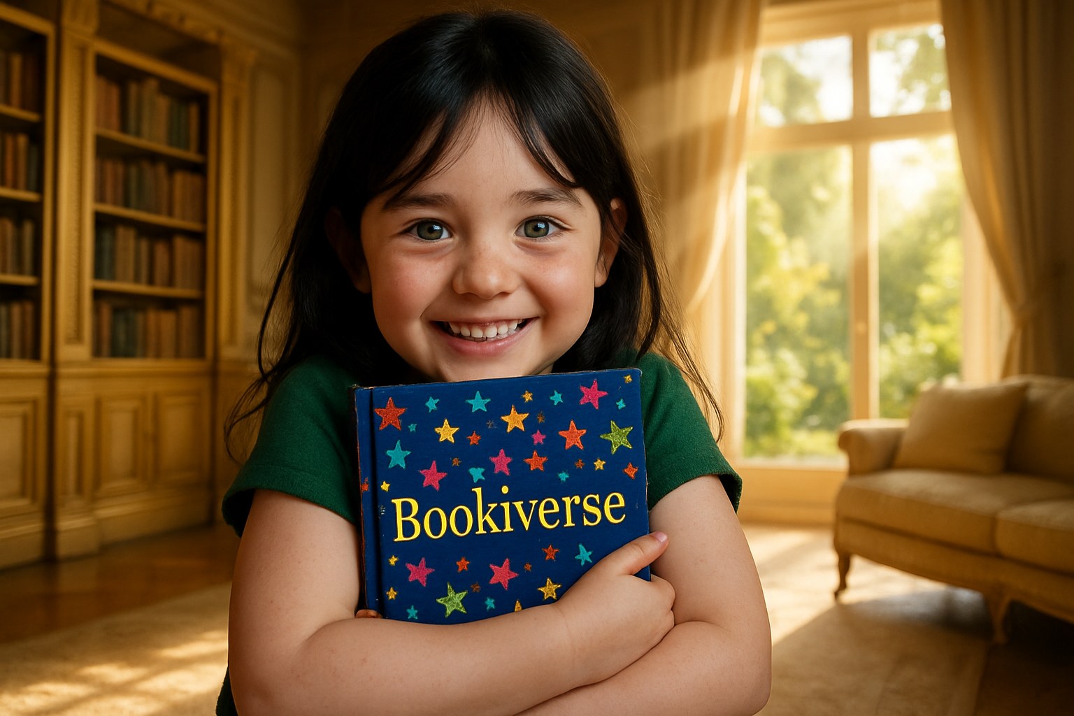 A smiling child reads a book on a tablet, enjoying the Bookiverse platform.