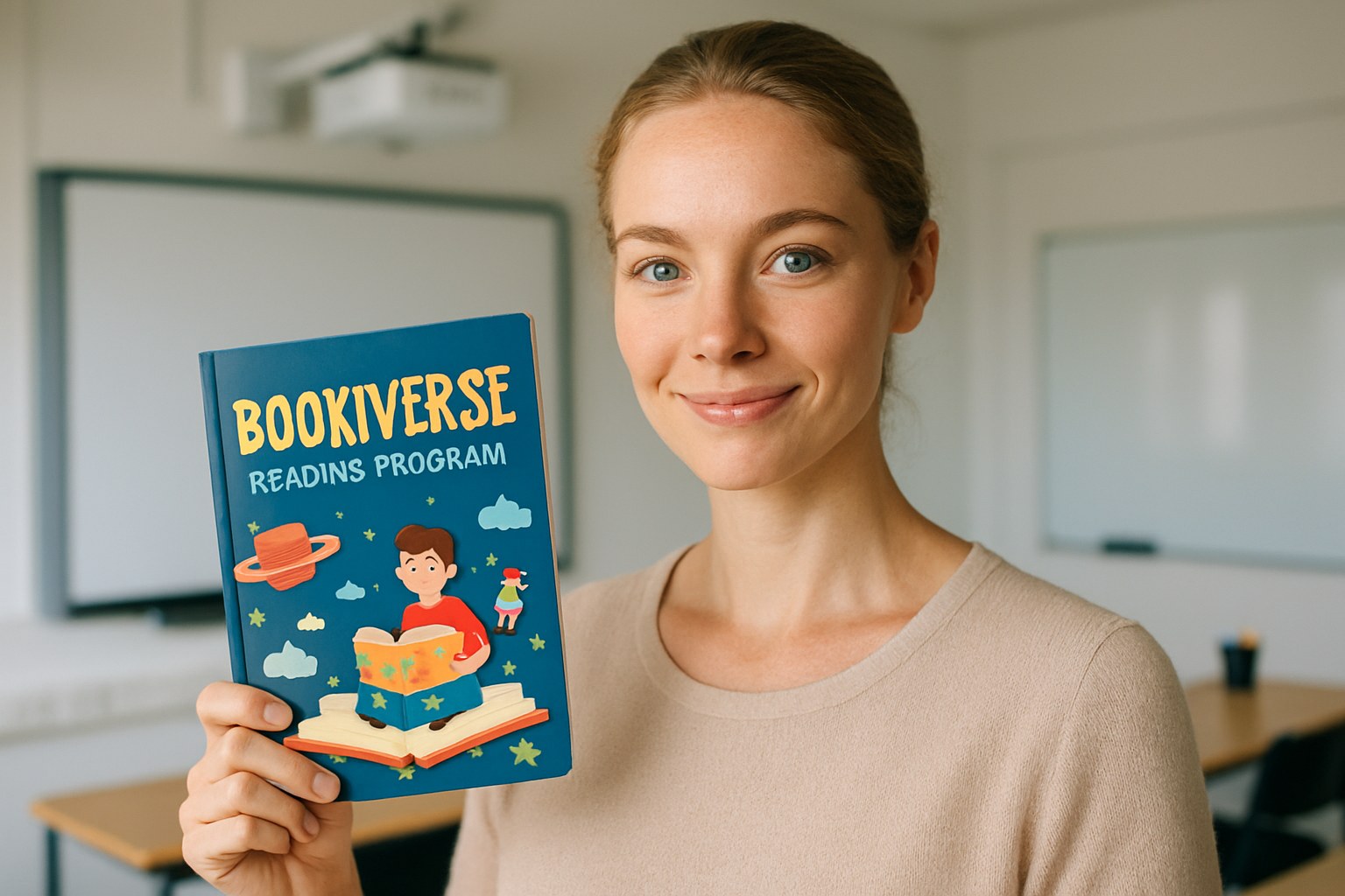 A smiling female teacher helping a young student with his work at a desk in a colorful classroom.