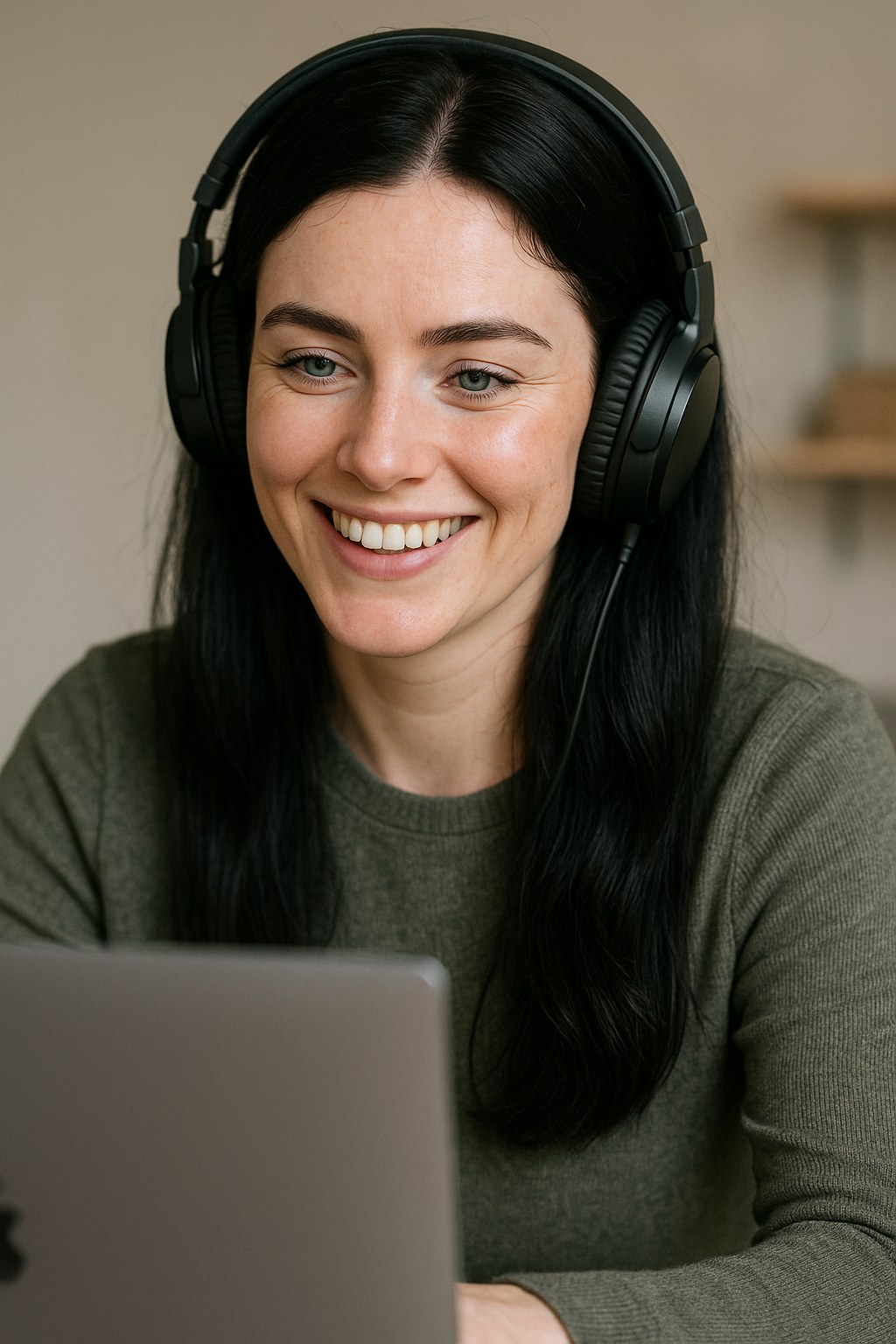 A smiling teacher conducting an online English class on a laptop.