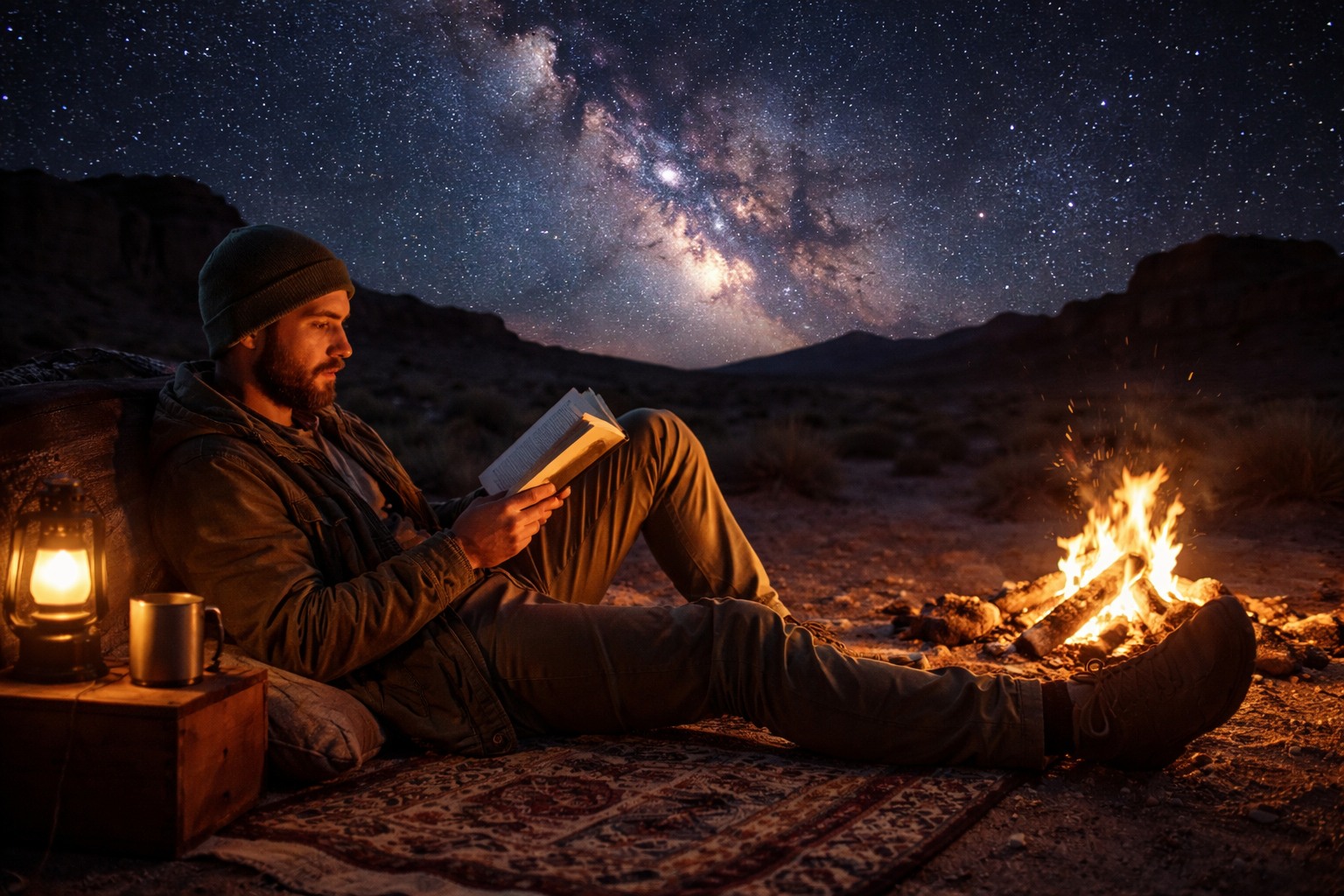 A person in traditional attire reading a book while sitting on a sand dune in the desert, with a camel resting nearby.